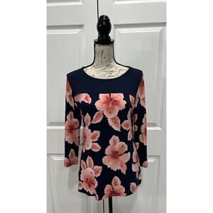 TOMMY BAHAMA Navy Blue Multicolor Floral Long Sleeve Top Vibrant Tee Size Medium